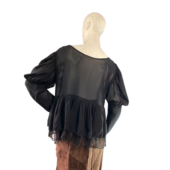 Marrika Nakk Black Sheer Chiffon & Lace Peasant Blouse Puff Sleeve Ruffled Hem M - Picture 7 of 8